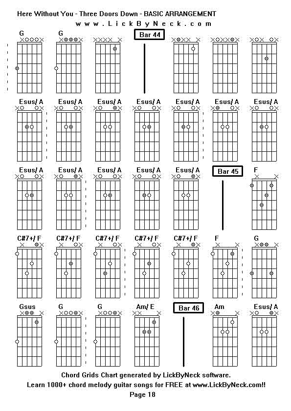 Chord Grids Chart of chord melody fingerstyle guitar song-Here Without You - Three Doors Down - BASIC ARRANGEMENT,generated by LickByNeck software.